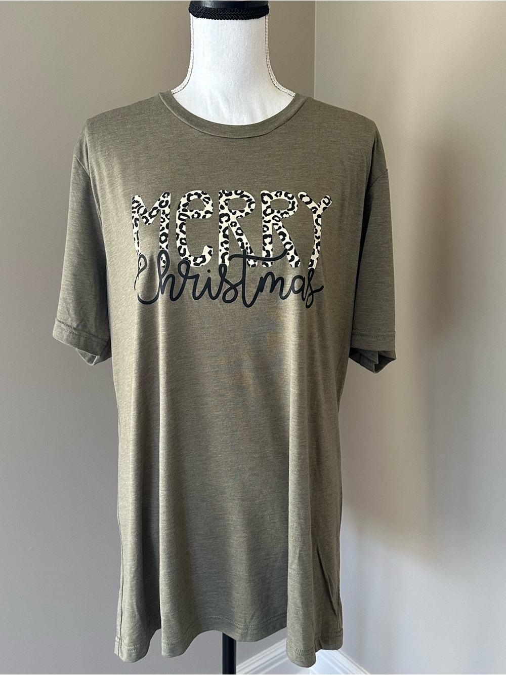 Merry Christmas Leopard Script Tee - Olive Green